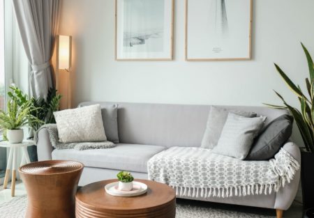a white couch with a coffee table