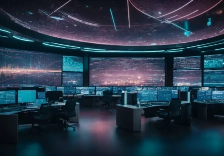 a futuristic cybersecurity operations center with multiple holographic displays showing abstract data protection and network security visuals.