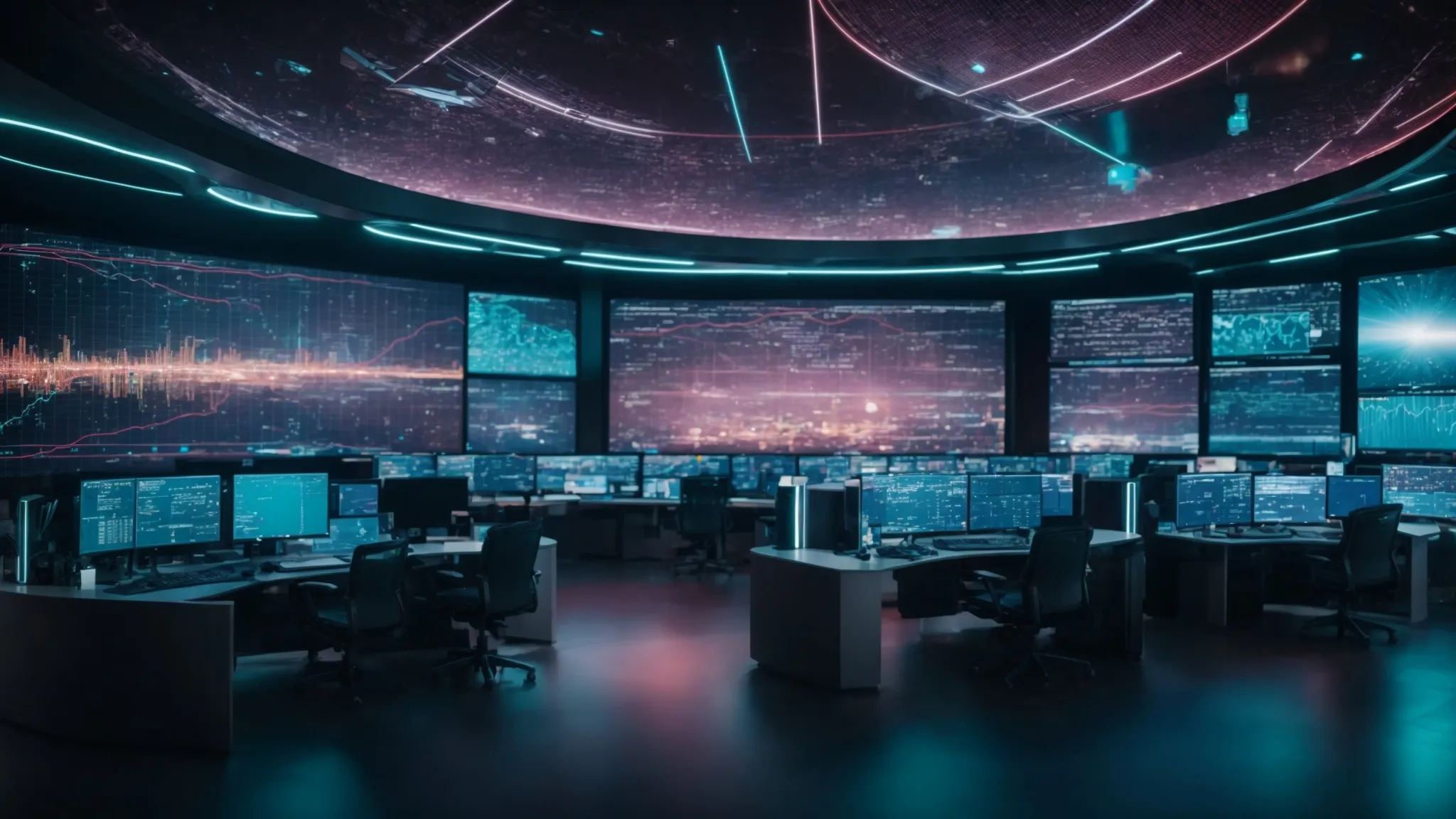 a futuristic cybersecurity operations center with multiple holographic displays showing abstract data protection and network security visuals.