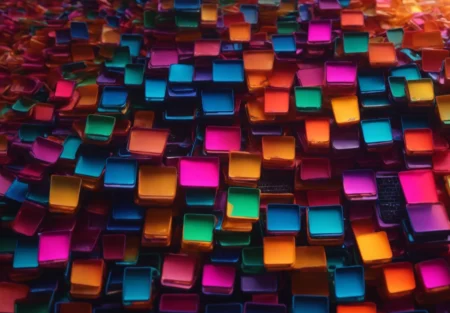 a shopping cart overflowing with colorful boxes on a laptop keyboard, illuminated by the glow of the screen.