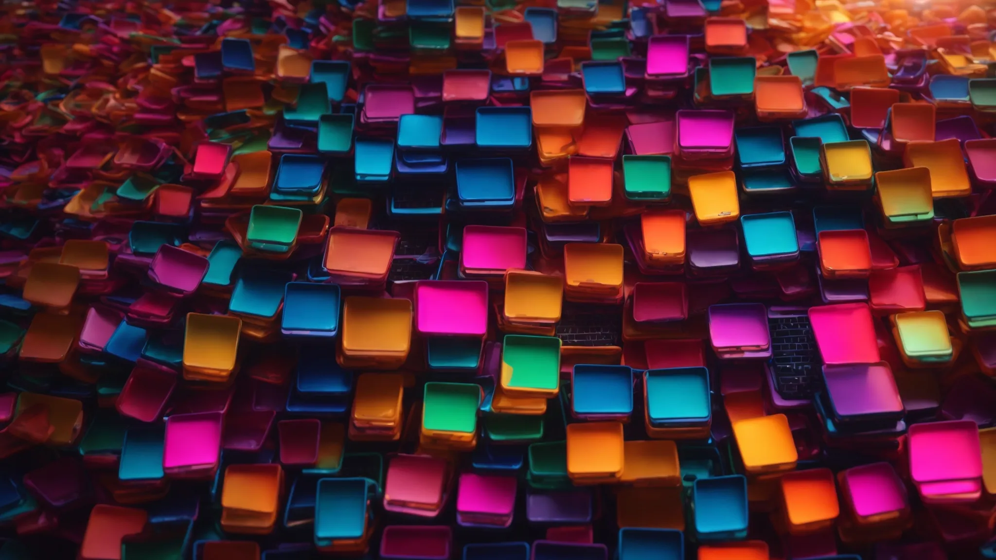 a shopping cart overflowing with colorful boxes on a laptop keyboard, illuminated by the glow of the screen.
