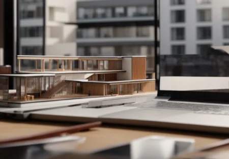 a laptop on a desk showing a 3d architectural model beside a physical model of a building.