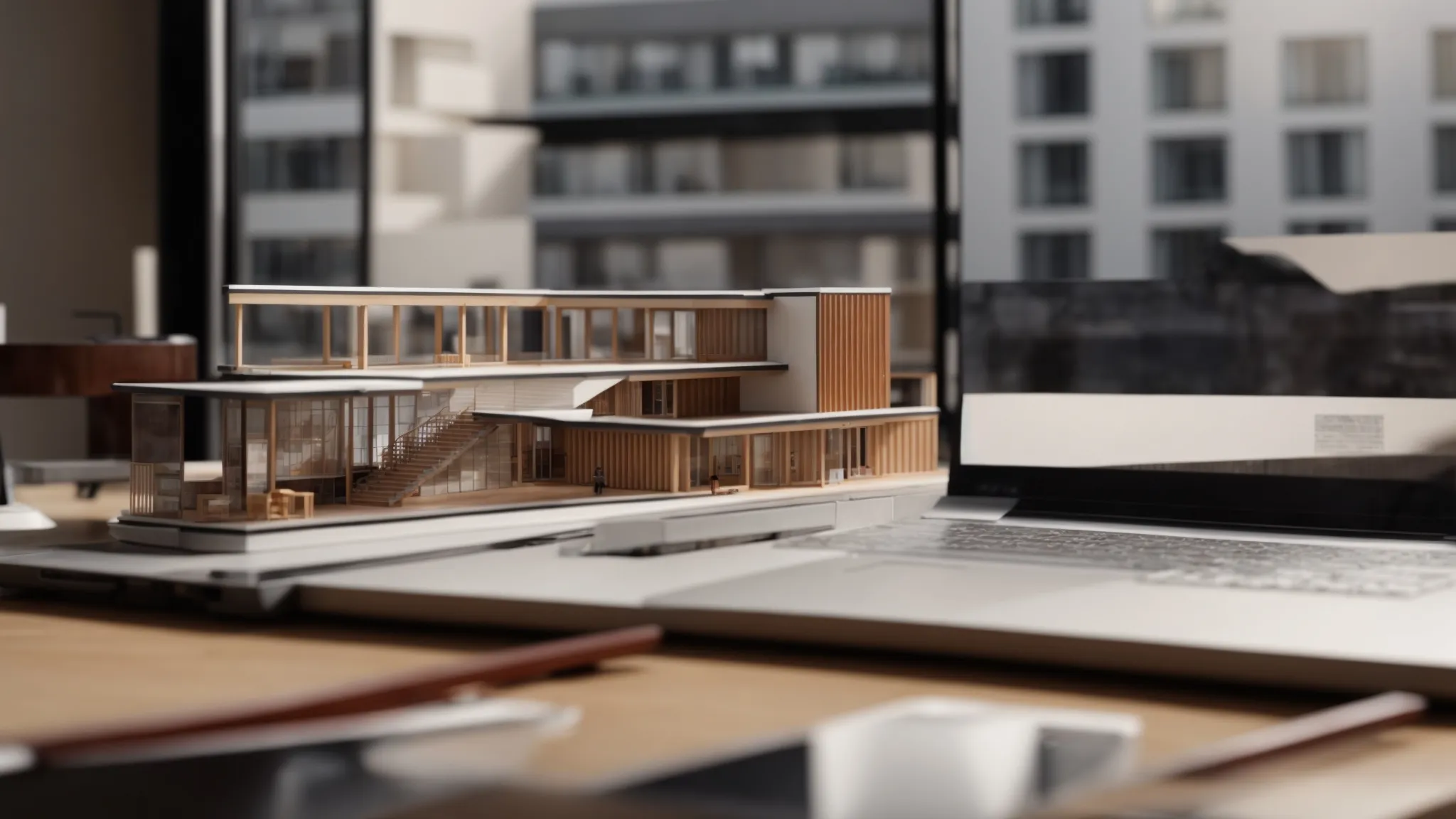 a laptop on a desk showing a 3d architectural model beside a physical model of a building.