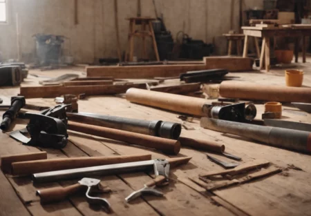 a variety of construction tools spread out on a wooden floor amidst renovation equipment.
