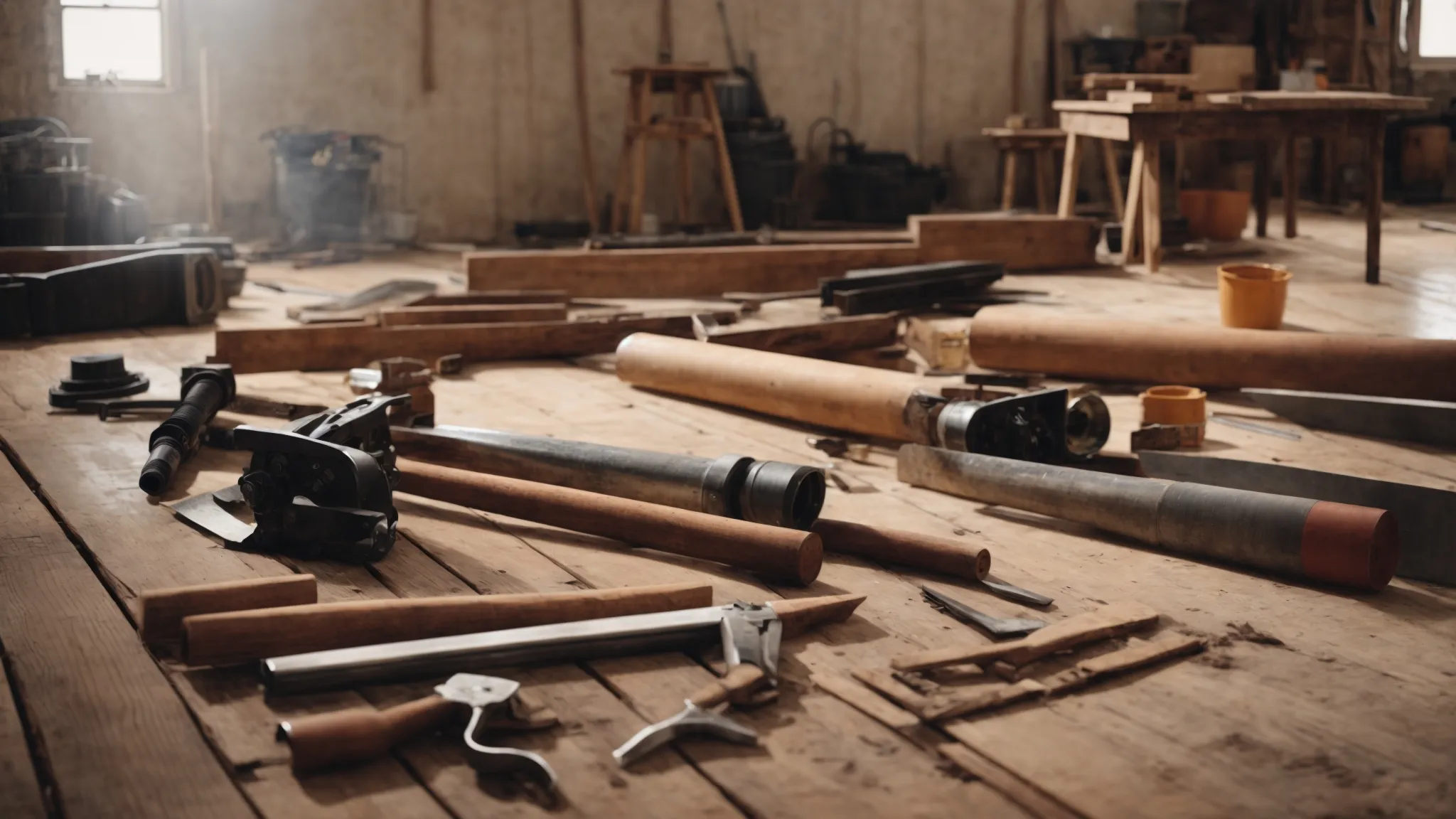 a variety of construction tools spread out on a wooden floor amidst renovation equipment.