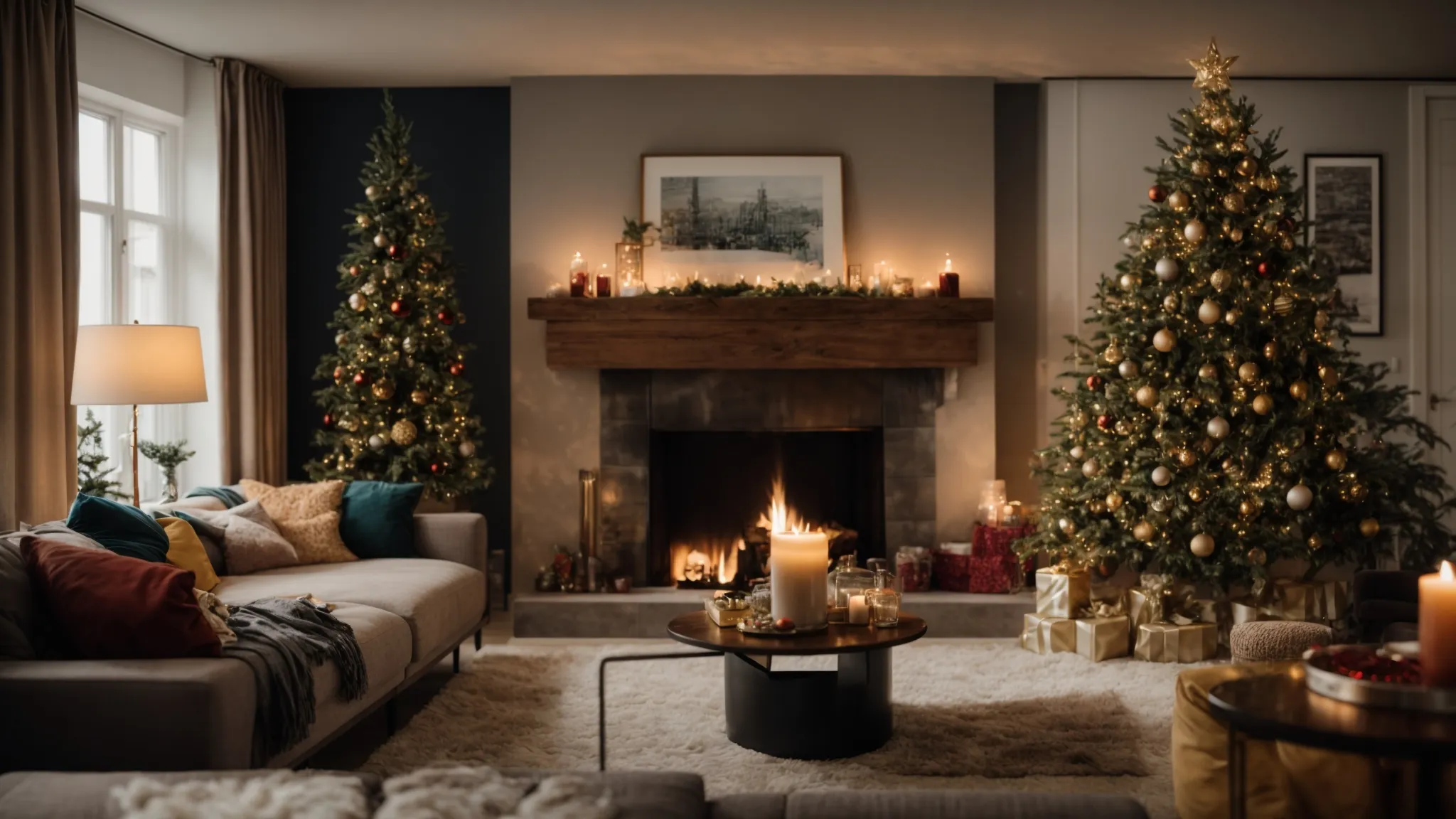 a living room adorned with festive decorations and a lit fireplace, showcasing a warm and inviting atmosphere for potential buyers.