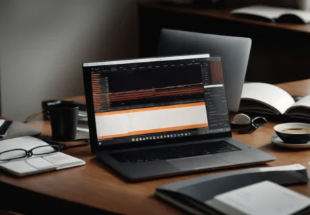 a laptop with open graphs and charts on screen sits on a modern office desk surrounded by marketing books and a cup of coffee.