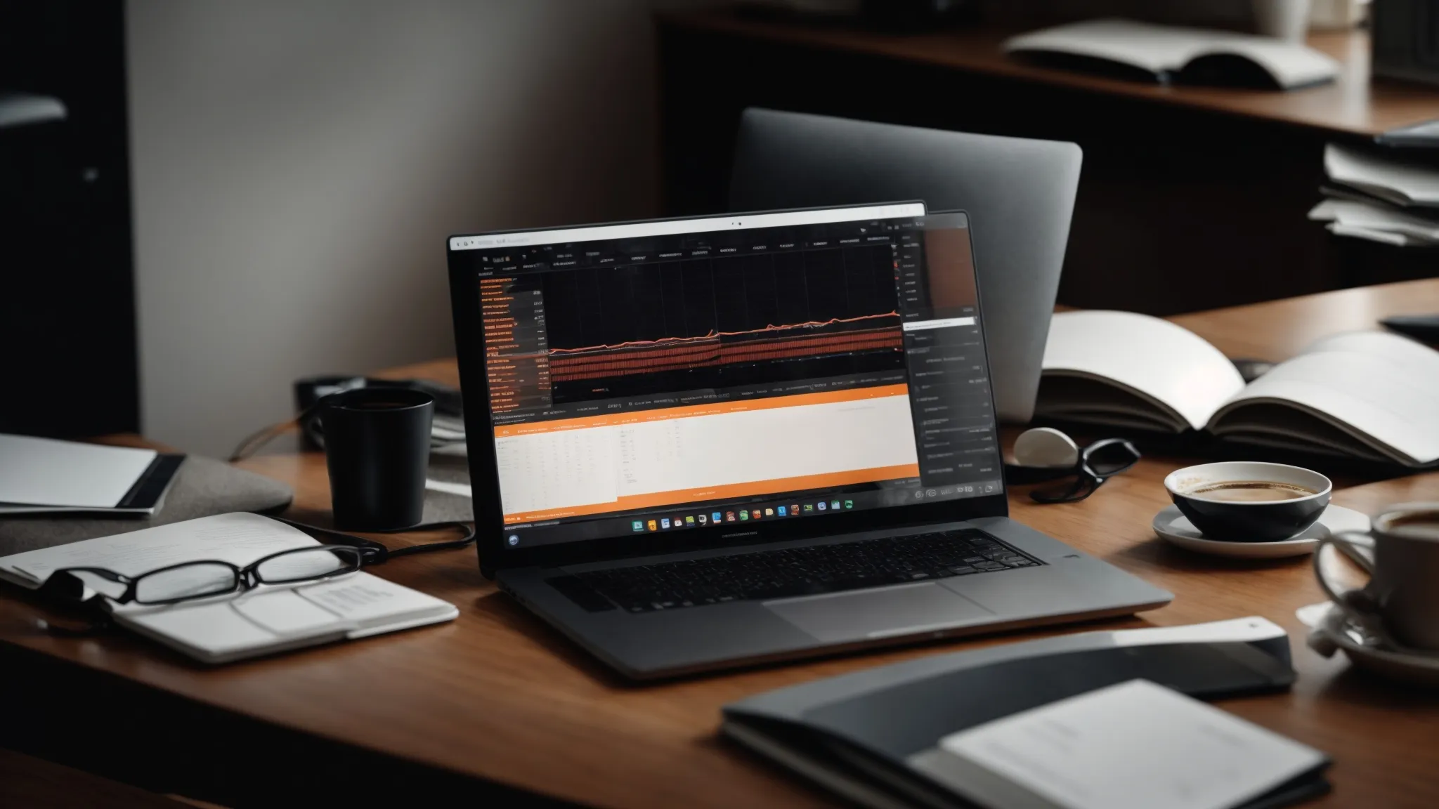a laptop with open graphs and charts on screen sits on a modern office desk surrounded by marketing books and a cup of coffee.