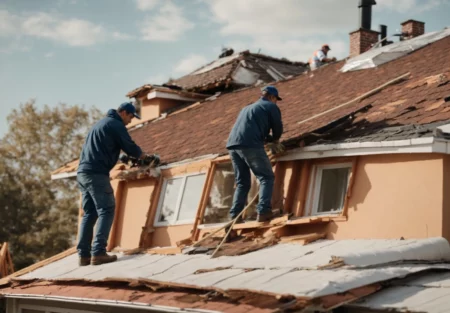 a team of professional roofers repairs a damaged house roof on a sunny day.