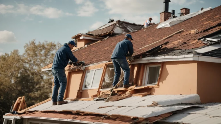 a team of professional roofers repairs a damaged house roof on a sunny day.