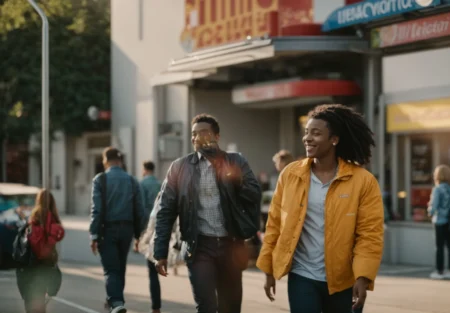 a cheerful customer exits a brightly lit dispensary located right next to a public transportation stop.