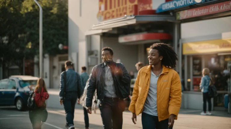a cheerful customer exits a brightly lit dispensary located right next to a public transportation stop.