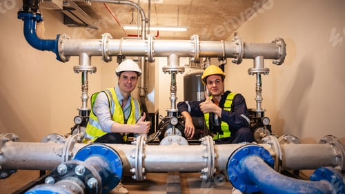 Portrait of Engineers inspecting the inside plumbing and water valves of an industrial facility.