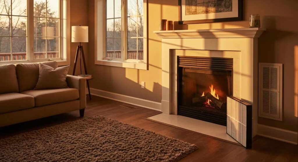 Living room with fireplace and air purifier. Home air purification system for clean indoor air quality in Miami, FL.
