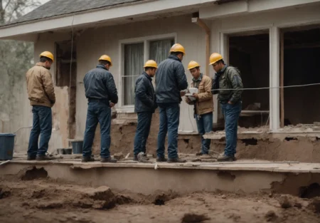 a team of professionals inspects the cracked foundation of a house, discussing repair strategies.