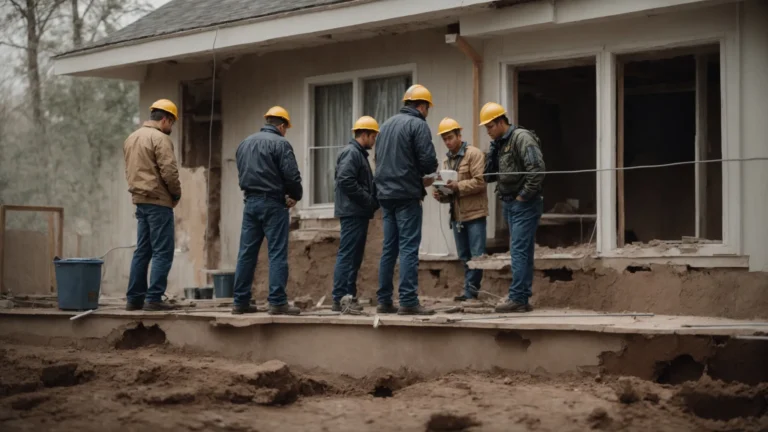 a team of professionals inspects the cracked foundation of a house, discussing repair strategies.
