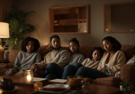 a family sits comfortably in a cozy living room, highlighting a sense of security and protection in their home.