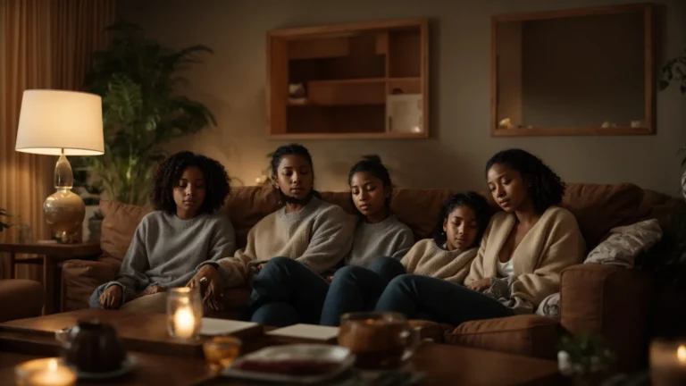 a family sits comfortably in a cozy living room, highlighting a sense of security and protection in their home.