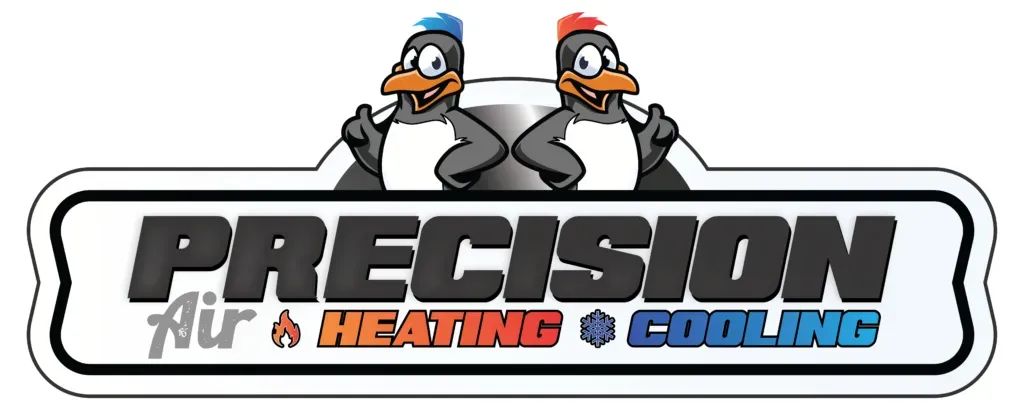Precision Air Heating Cooling logo with penguin mascots, HVAC services in West Chester, PA. Company branding for home comfort solutions.
