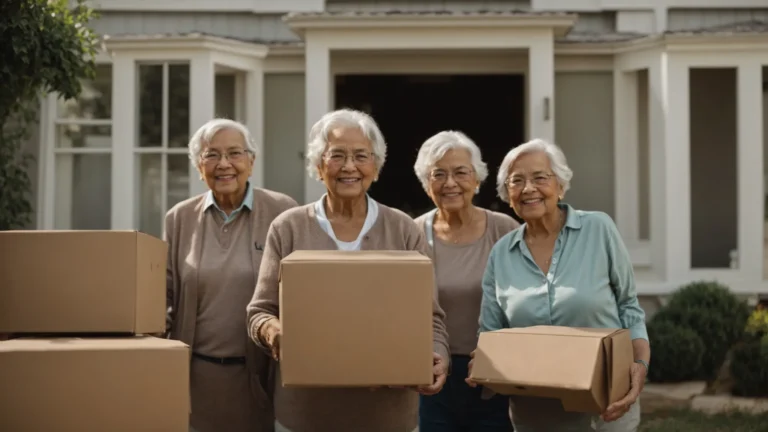 a group of smiling elderly people looking at a house surrounded by moving boxes.