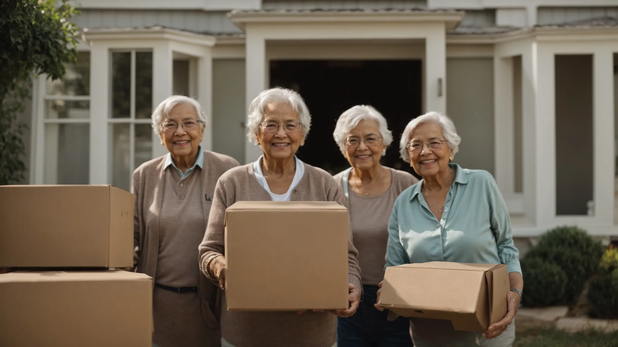 a group of smiling elderly people looking at a house surrounded by moving boxes.