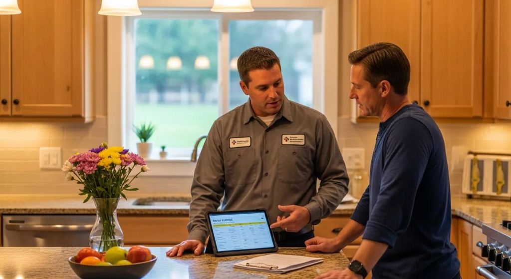 Technician explaining repair estimate to a homeowner in a cozy kitchen