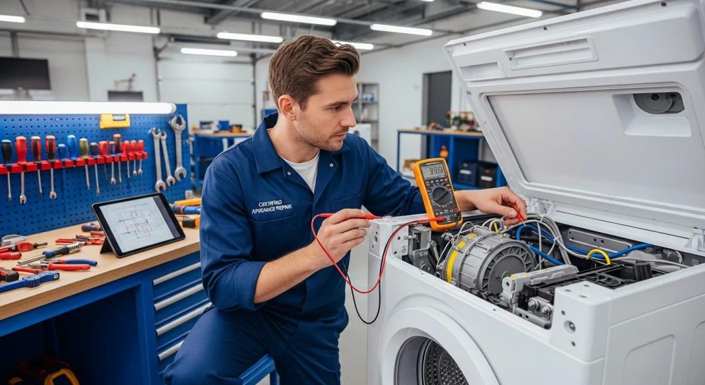 Certified technician diagnosing a washing machine in a professional workshop