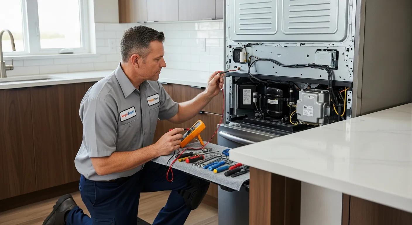 Certified appliance repair technician inspecting a refrigerator in a modern kitchen