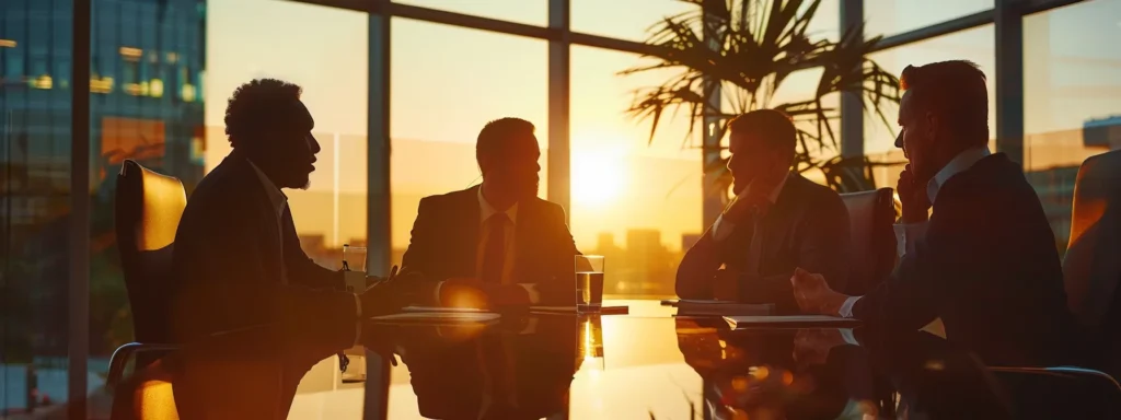 business professionals deep in discussion around a table, analyzing and comparing home insurance quotes in florida.