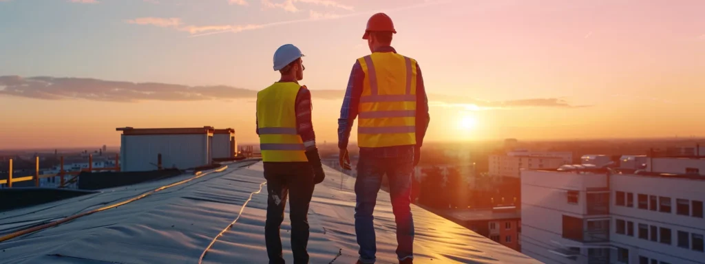 business professionals inspecting a newly replaced roof for maintenance and performance.