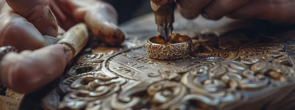 craftsman meticulously engraving intricate designs into a signet ring, showcasing precision and artistry.