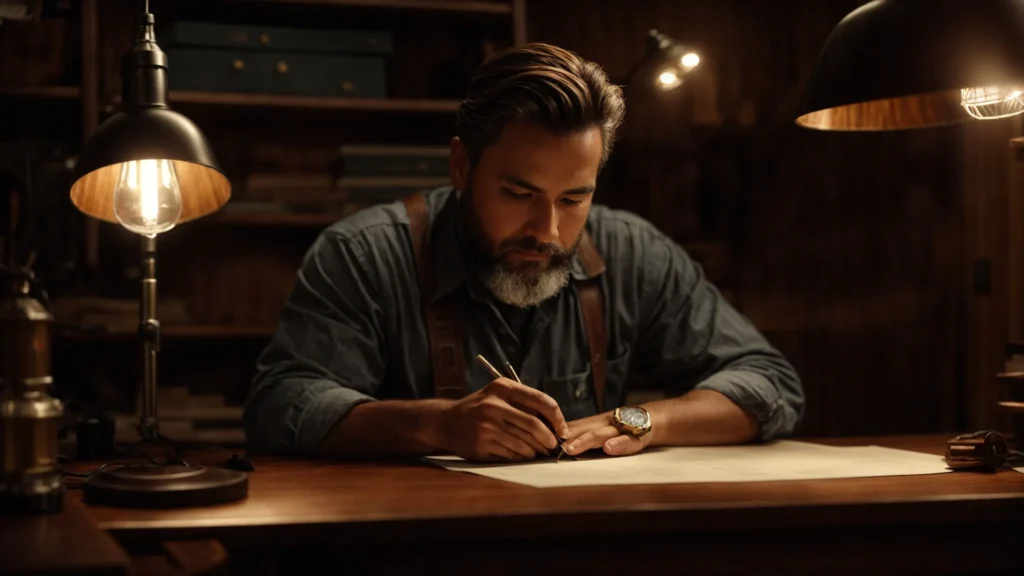 a craftsman sits at a vintage wooden desk, intently engraving a signet ring under the soft glow of a desk lamp.