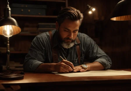 a craftsman sits at a vintage wooden desk, intently engraving a signet ring under the soft glow of a desk lamp.