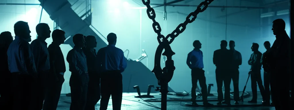 business professionals gathered around a large anchor discussing plumbing maintenance.