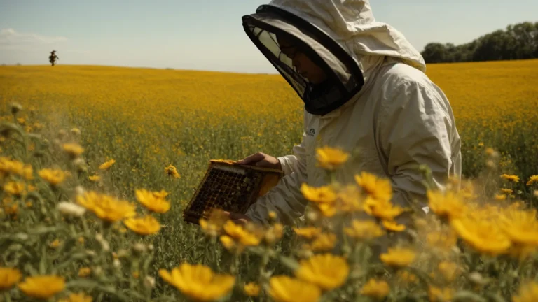 a beekeeper in protective gear inspects a hive amidst a field of wildflowers under a clear sky.