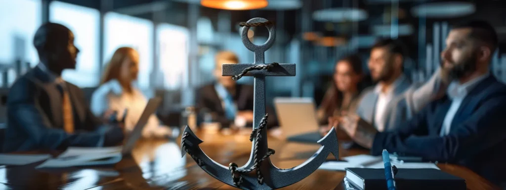 a group of business professionals engage in a focused discussion around a large anchor symbol, symbolizing the importance of pacing recovery with the sharp method.