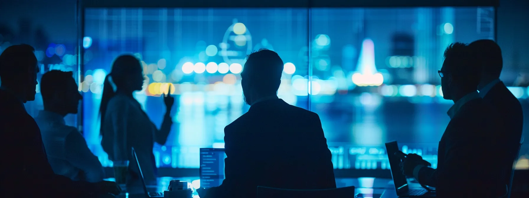 a group of business professionals analyzing a detailed quote breakdown with a large anchor in the background.