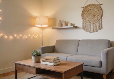 Cozy small apartment living room with stylish budget-friendly furnishings