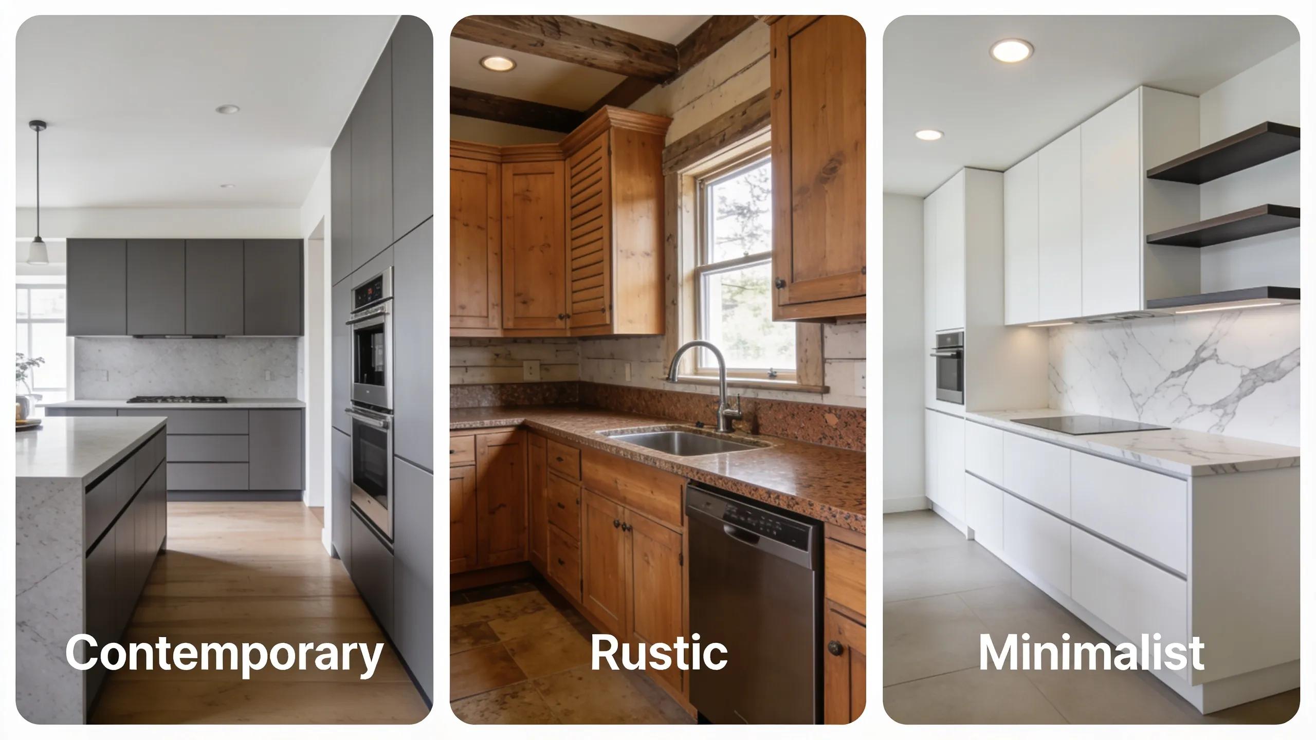 Collage of kitchen designs illustrating various styles and materials for remodel