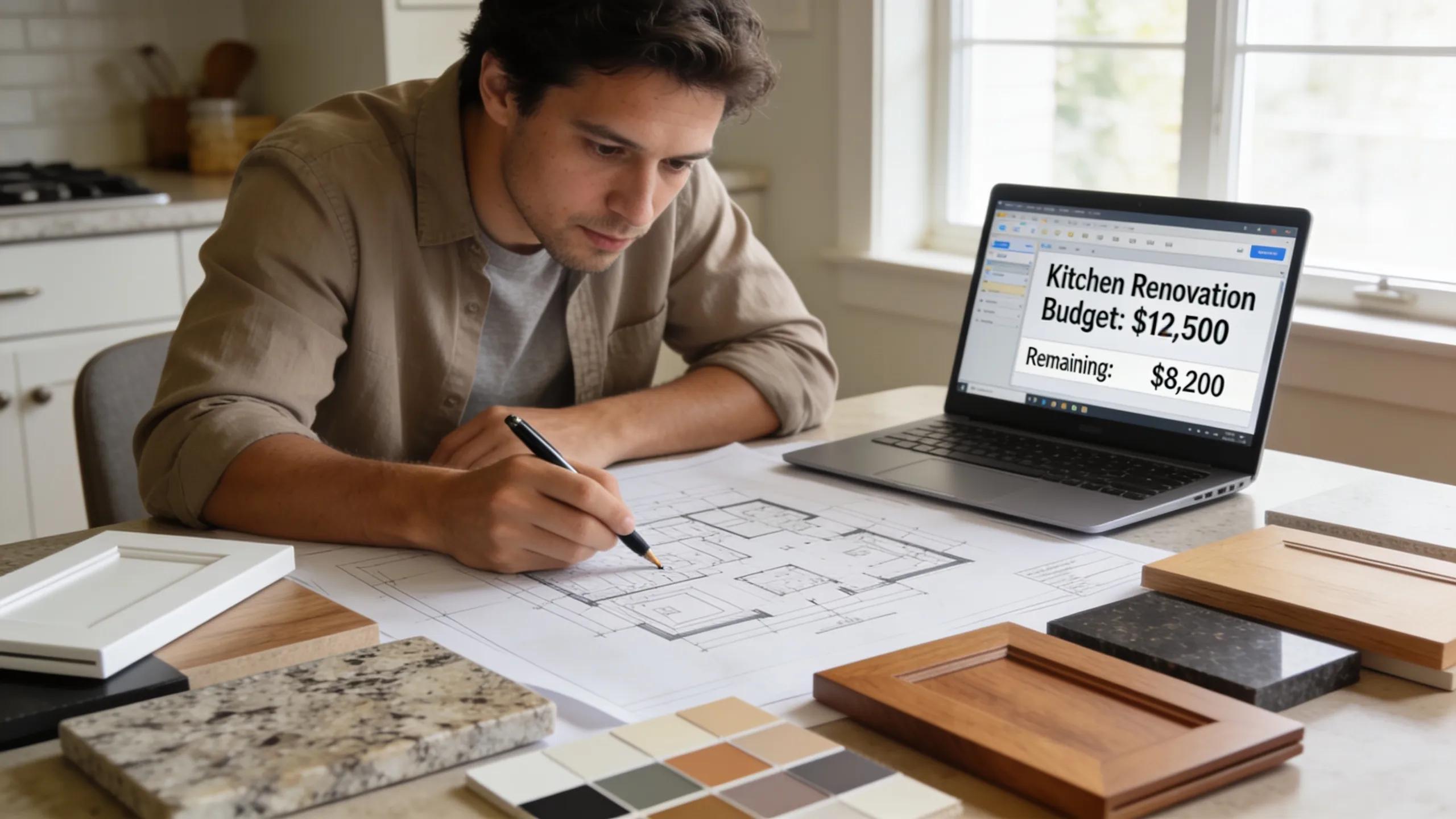 Person planning a budget-friendly kitchen remodel with materials and blueprints