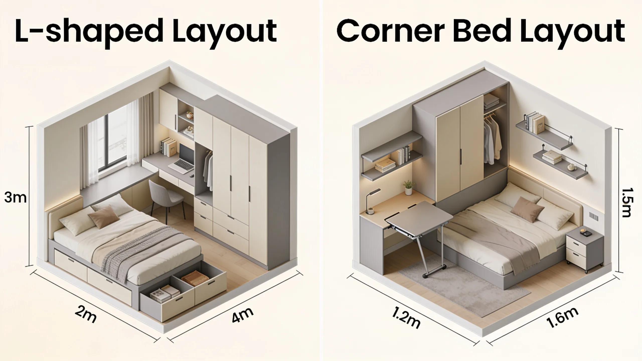 Diverse space-saving furniture layouts emphasizing innovative design for small bedrooms.