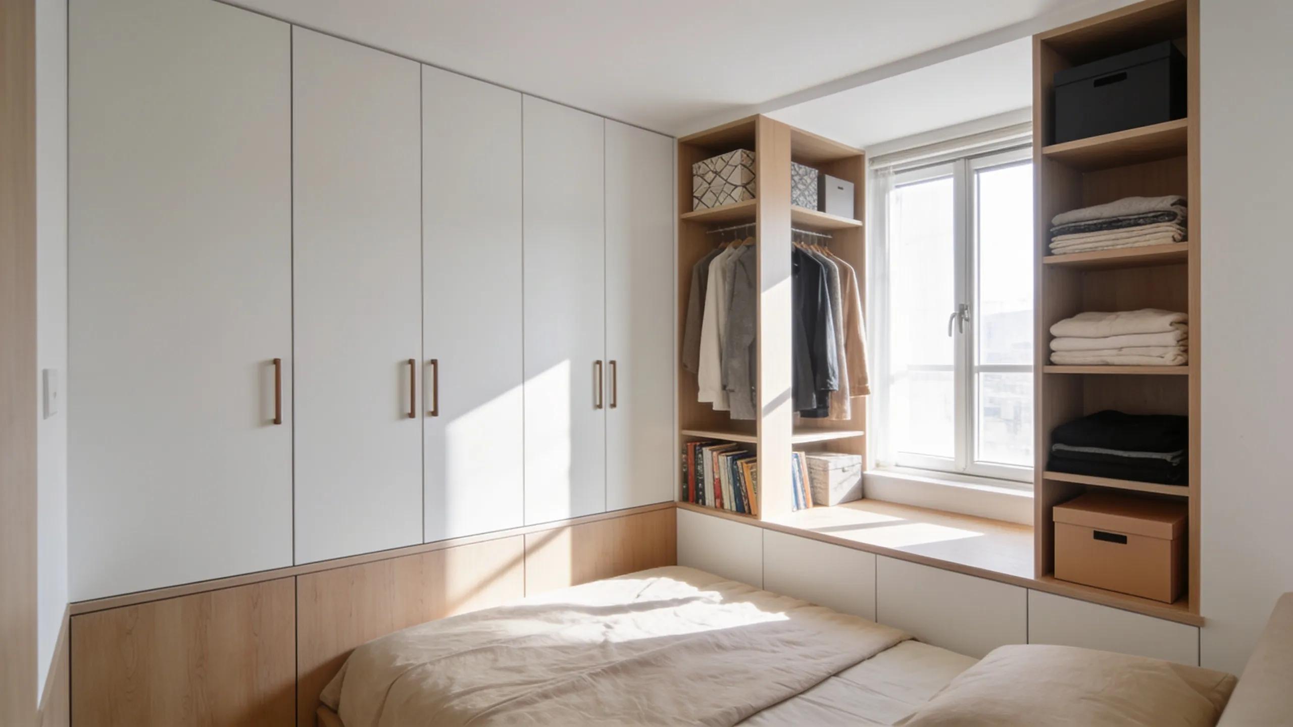 Effective storage solutions in a small bedroom with built-in cabinets and vertical shelves.