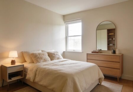 Cozy small bedroom interior featuring strategic furniture arrangement for space-saving.