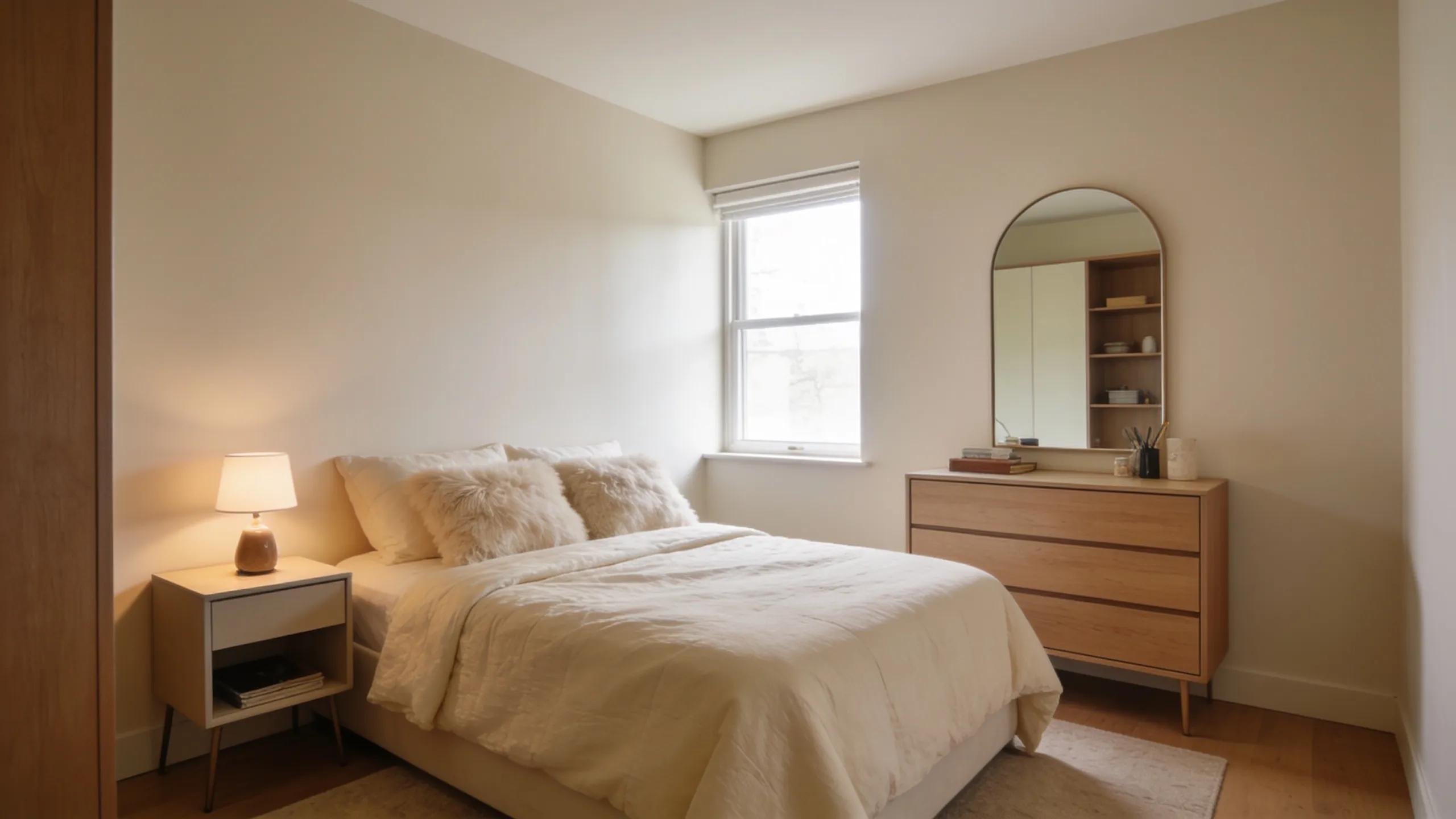 Cozy small bedroom interior featuring strategic furniture arrangement for space-saving.